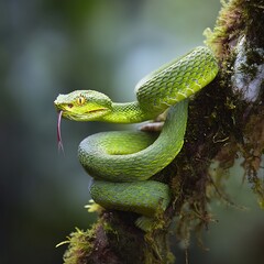 Obraz premium Vibrant Green Jungle Viper Coiled Tightly On A Moss-Covered Tree Branch, With Soft Mist Surrounding The Forest In Early Morning Light. The Snake'S Body Forms An Elegant S-Shape, And Its Tongue Fli
