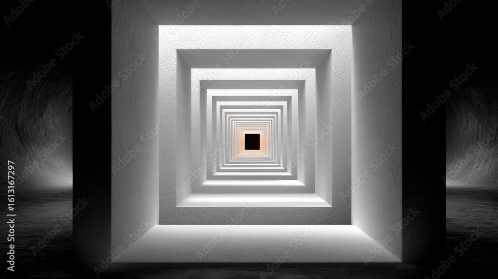 Poster abstract 3d tunnel with shrinking white square frames and perfect symmetry on black