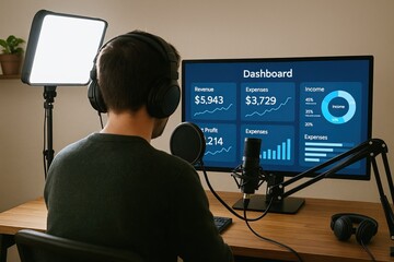 Podcast investing shares strategies and trends in financial markets. A person wearing headphones is working at a desk with a microphone and analyzing financial data