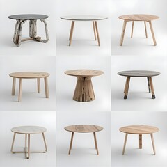 Contemporary wooden furniture collection showcasing various stool and table designs with natural finishes for modern living spaces