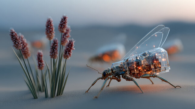 Nanobot swarm transforming barren desert into lush green fertile landscape