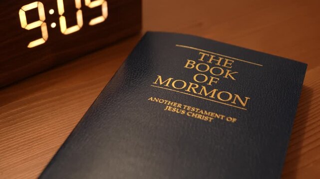 Bucharest Romania 27 July 2025. he Book of Mormon resting on a wooden nightstand beside a classic alarm clock showing 9:00 AM. Symbolic morning scene representing faith, spirituality.