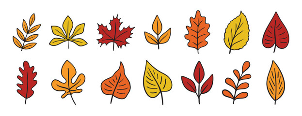 Fototapeta na wymiar autumn leaves different trees doodle hand drawn icon set. Fall leaves colorful cartoon drawing line clipart symbol collection