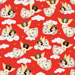 Christmas vintage seamless pattern with cute little angels. Holy Night. Vector pattern in retro flat style for Xmas holiday design, decor, postcards, prints, wallpaper, wrapping paper