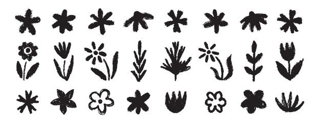 Grunge trendy doodle flowers leaves set. Hand drawn brush flowers crayon, chalk texture. Flowers textured collection