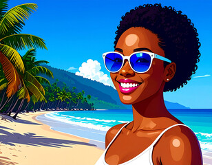 Attractive Woman With Sun Glasses At The Beach, Retro Pop Art Style. 