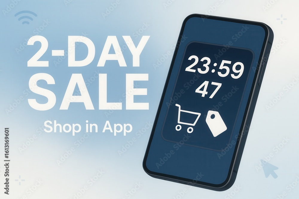 Poster promotional image featuring a smartphone displaying a countdown and shopping cart icons, with text h