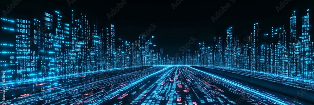 Poster futuristic digital data stream in a tunnel cyber technology and high-speed communication visuals
