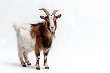 Obraz premium A goat's alert face with textured coat and sharp curved horns shadows detailed by studio lights.
