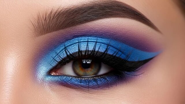 Professional beauty makeup artist applying vibrant blue and purple eyeshadow with dramatic winged eyeliner on female model close-up
