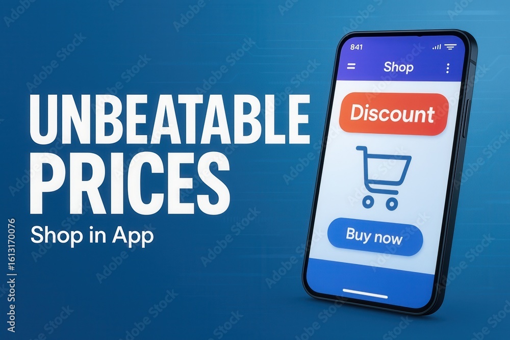 Poster a mobile phone screen displaying a shopping app interface with discount and buy now buttons, set aga