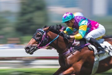 Dynamic jockey in vibrant silks skillfully races swift, powerful thoroughbred racing in a lively competition.
