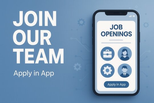 Digital recruitment concept featuring a smartphone displaying "Job Openings" with icons for various roles and "Join Our Team" text on a blue background.