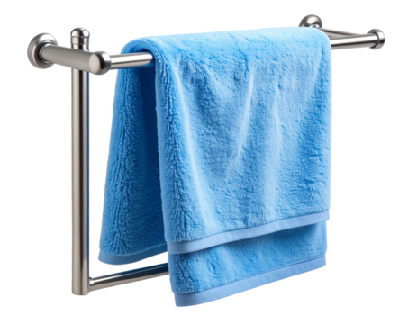 Light blue bath towel hanging neatly on metal bar isolated on transparent background PNG