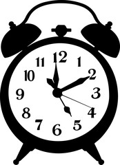 Retro Black Twin Bell Alarm Clock Silhouette Showing Analog Time and Wake-Up Symbol Vector Graphic