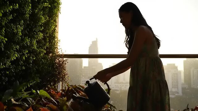 A woman tending plants on a balcony at sunset