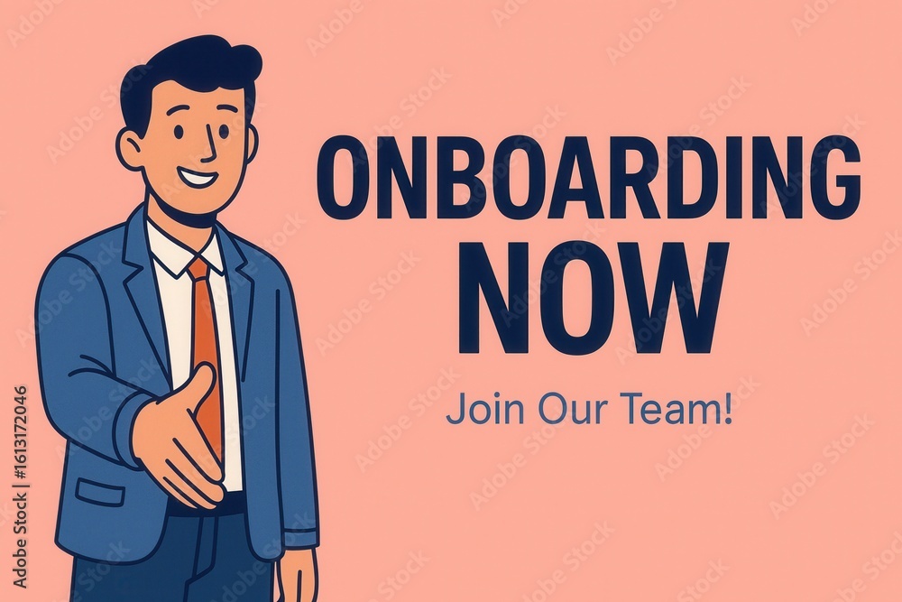 Poster a cartoon illustration featuring a friendly man in a suit extending a handshake with the text 