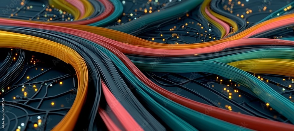 Poster colorful lines intertwined around an abstract digital map for a vibrant connection concept image