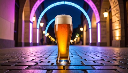Moody urban night scene with a glowing beer glass on cobblestone under purple-blue neon archway.