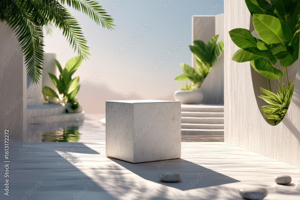Poster minimalist 3d white cube with natural leaf shadows in a calm modern setting