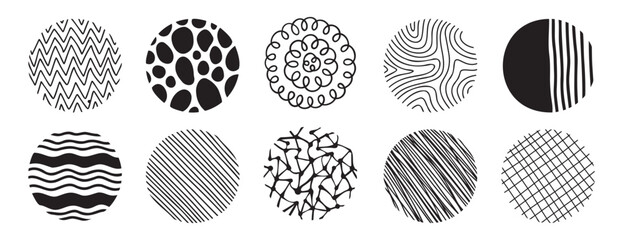 round abstract pattern hand drawn doodle shapes. spots, drops, curves and lines. trendy vector circles template