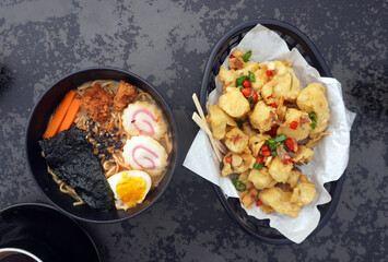 Spicy ramen & chili salt tofu. Warm, flavorful, Asian comfort food. Perfect for food blogs & restaurant promos