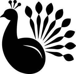 Abstract Black Peacock Silhouette Vector with Stylized Fanned Tail and Crest Feathers