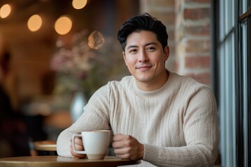 Smiling young man enjoying coffee in a cafe