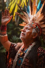 Indigenous man wearing feathered headdress raises hand in ceremonial gesture