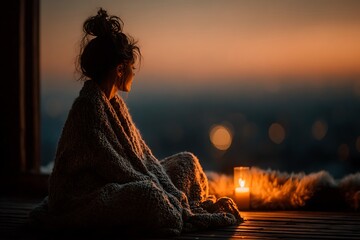 **A Young Woman Wrapped In A Heavy Knit Blanket Sits Cross-Legged On The Floor Near A Lit Candle, Staring Softly Into The Flame. The Room Is Dim, With Only The Flickering Candle Casting Warm Light And