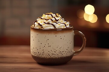 Hot chocolate with whipped cream and golden sprinkles in ceramic mug
