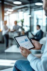 Man analyzing business charts on tablet in modern office