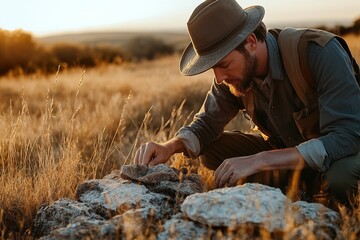 Geologist examining rocks in dry field during sunset