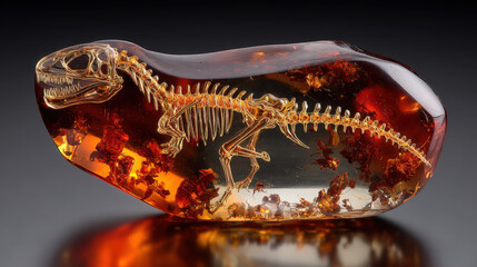 Dinosaur fossils preserved in polished obsidian resembling insects trapped in amber