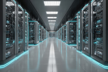 Bioluminescent liquid cooling illuminating futuristic server racks in a cyber data center