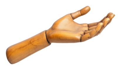 Artistic wooden hand sculpture natural light isolated on transparent background, png