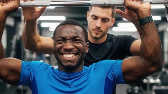 Black athlete lifting heavy barbell with determination while white trainer stands ready to assist in professional gym training session
