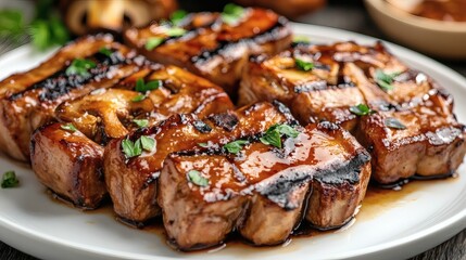 Mouthwatering Grilled Pork on White Plate: Captivating Char Marks and Glistening Glaze for BBQ