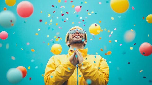 Joyful man in yellow coat with flying balloons on cyan background for happiness celebration lifestyle concept
