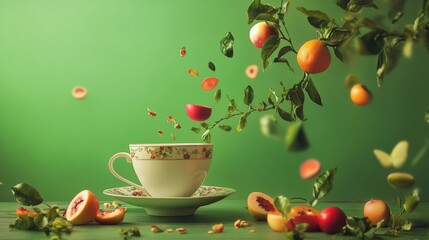 Teacup floating with citrus fruits and herbs on green background for surreal vibrant fantasy health concept