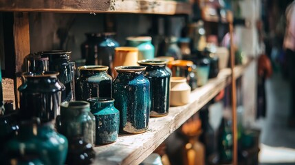 Shelf of blue apothecary glass bottles in vintage store for antique pharmacy decor still life photography