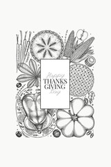Vector Hand Drawn Thanksgiving Menu Design Template. Festive Food Illustration. Vintage Style Family Dinner Background