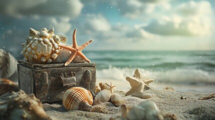 Beach scene with treasure chest and seashells in golden sunset for travel fantasy ocean adventure design photography
