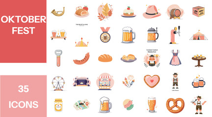 Oktoberfest icons list featuring beer, food, and festive elements