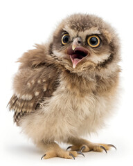 Fototapeta premium Baby owl with open beak standing on white background 