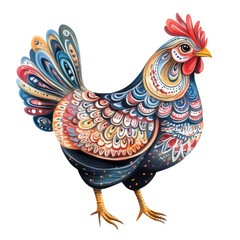 Stylized illustration of a hen with decorative and colorful plumage, standing on a white background, representing farm animals, poultry, and livestock