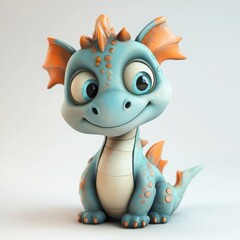 Cute blue and orange baby dragon smiling and looking down