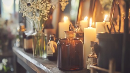 Aromatic candles and essential oils on spa shelf with soft lighting for relaxation wellness concept