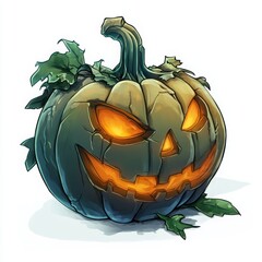 Glowing halloween pumpkin with spooky face and stem