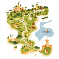 Medieval fantasy map showing castles, villages and sailing ship